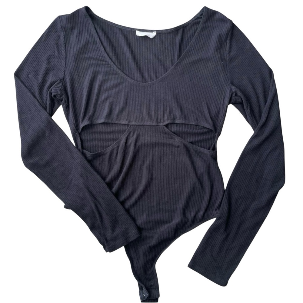 Recens Long Sleeve Cut-out Sides Thong Bodysuit Size M Black